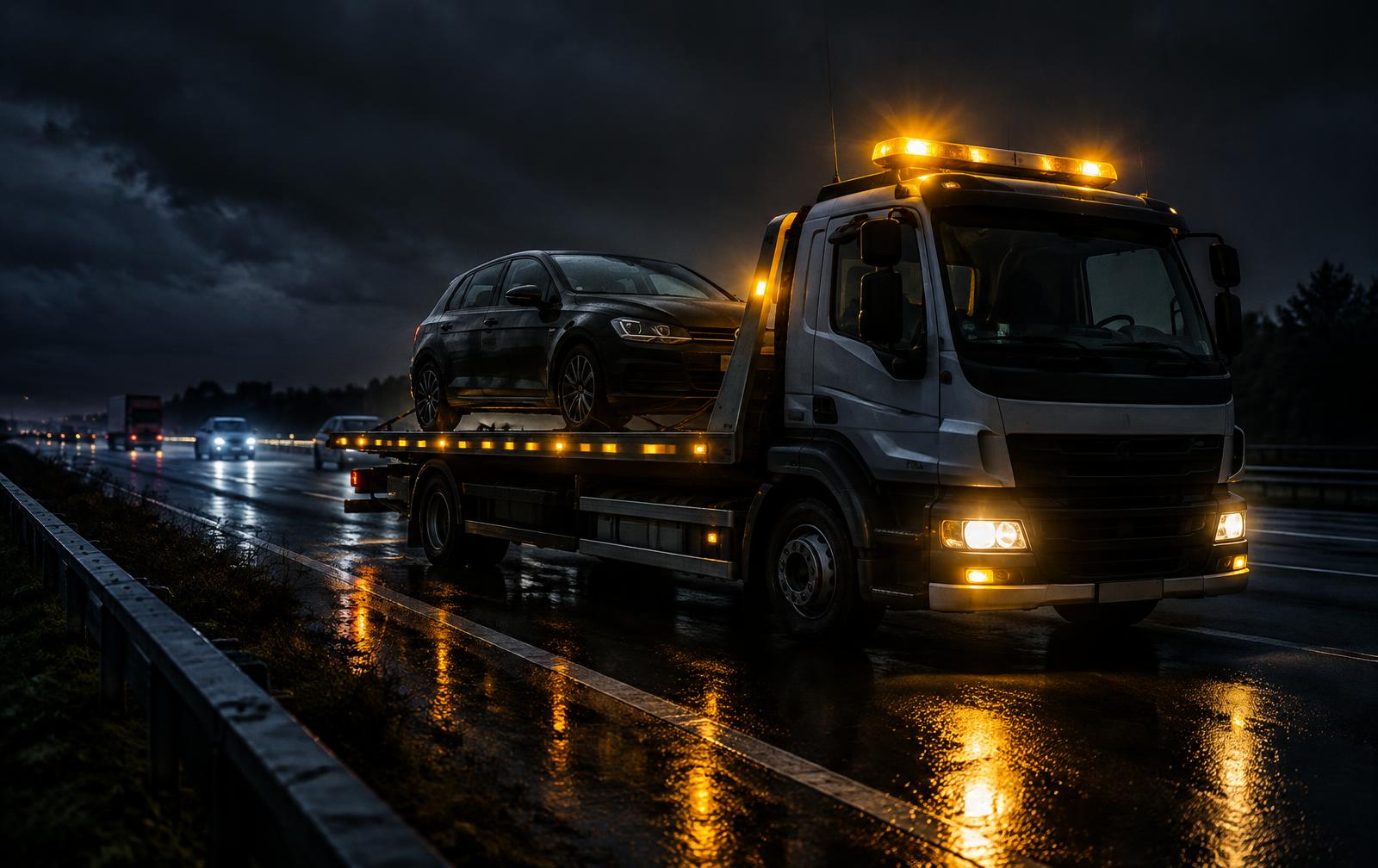 Recovery truck carrying a car on a motorway hard shoulder at night